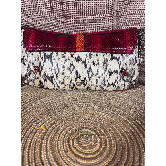 Tosca Blu Shoulder Saddle Bag – Snakeskin Leather Bag, Detachable Jeweled Chain- - Picture 10 of 16